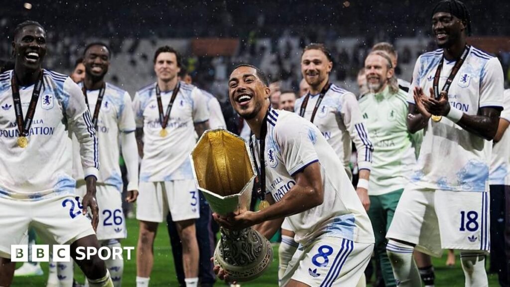 Are Premier League clubs flat-track bullies in Europe? Youri Tielemans of Aston Villa FC lifts the trophy during the award ceremony following the UEFA Europa League final