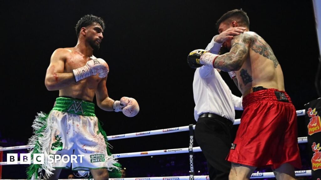 Azim vs Claggett: Briton moves closer to world-title shot with third-round stoppage win Referee stops the fight between Adam Azim and Steve Claggett
