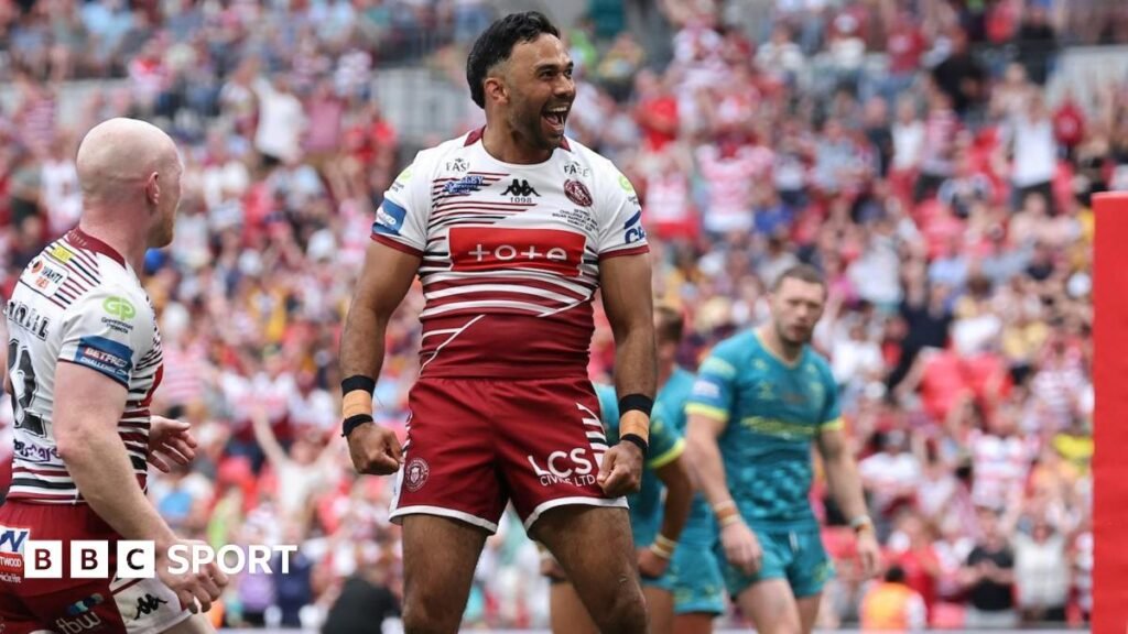 Bevan French celebrates his try for Wigan Warriors in the 2026 Challenge Cup final at Wembley Stadium