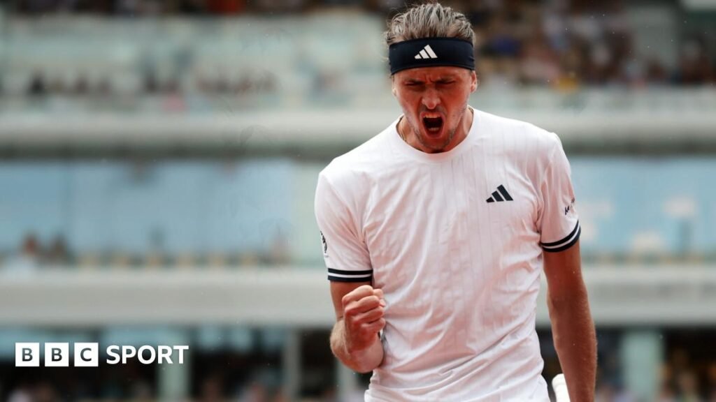 French Open 2026 results: Alexander Zverev cruises into quarter-finals at Roland Garros Alexander Zverev, wearing a white t-shirt and black headband, roars with his mouth wide open and clenches his right fist in celebration