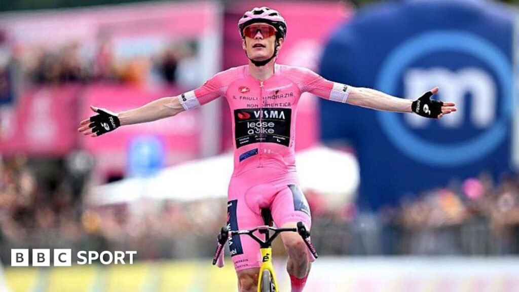 Giro d’Italia: Jonas Vingegaard on verge of victory after winning stage 20 Jonas Vingegaard raises his arms as he crosses the finish line