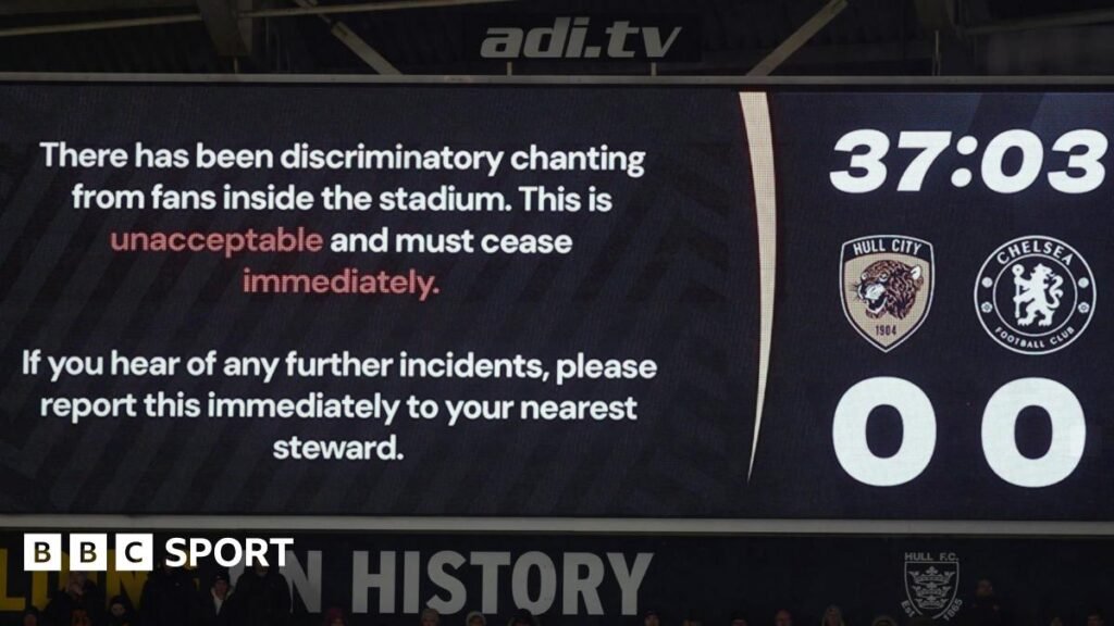 Hull City: Football Association charges club over Chelsea discriminatory chants A message is shown at Hull City's stadium calling for discriminatory chanting to stop