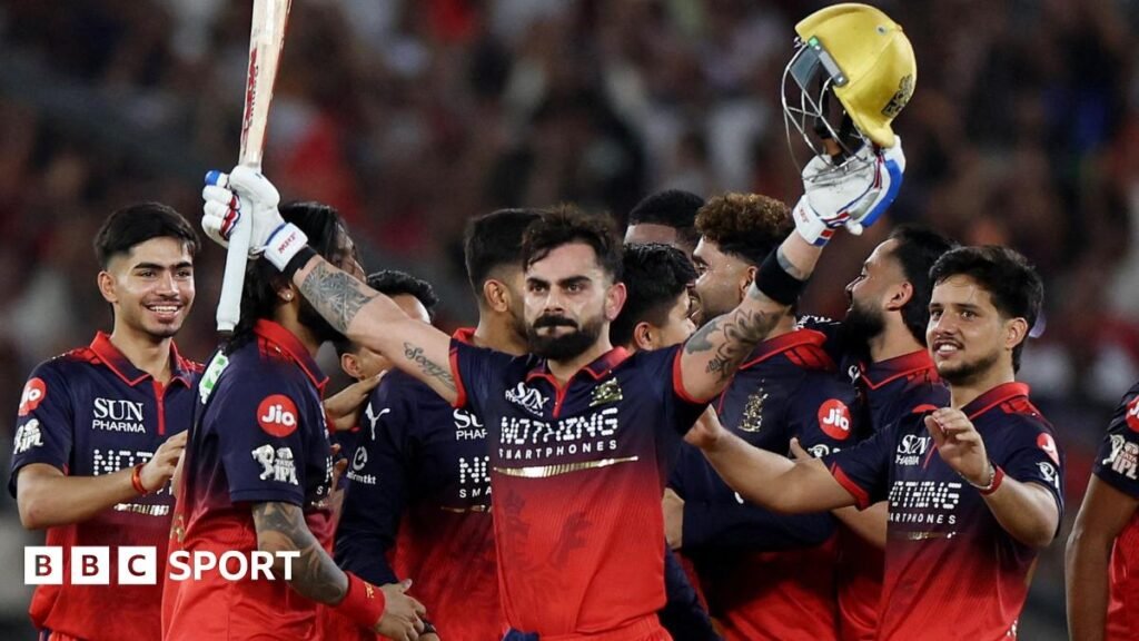 Virat Kohli holds his bat and helmet aloft as his RCB team-mates celebrate winning the IPL