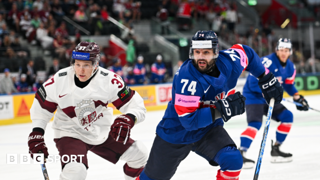 Great Britain in action against Latvia at the Ice Hockey World Championship