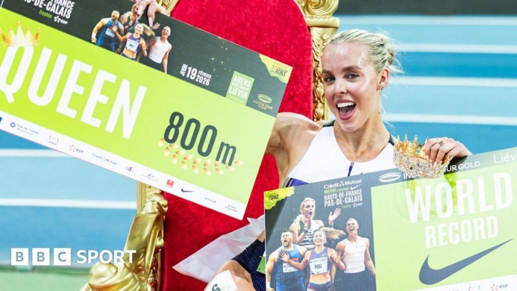 Keely Hodgkinson ready for ‘battle of world records’ at London Diamond League Keely Hodgkinson poses on a throne after breaking the world indoor 800m record