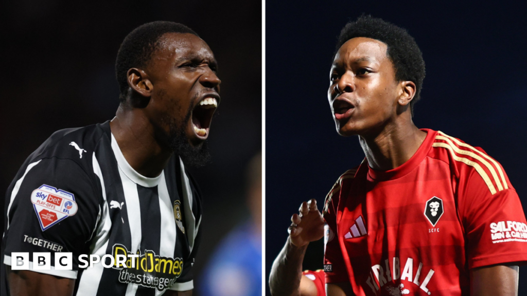 League Two play-off final: Notts County v Salford City a clash of the ages at Wembley Split image of Notts County's Lee Ndlovu celebrating victory (left) and Salford's Kallum Cesay celebrating a goal