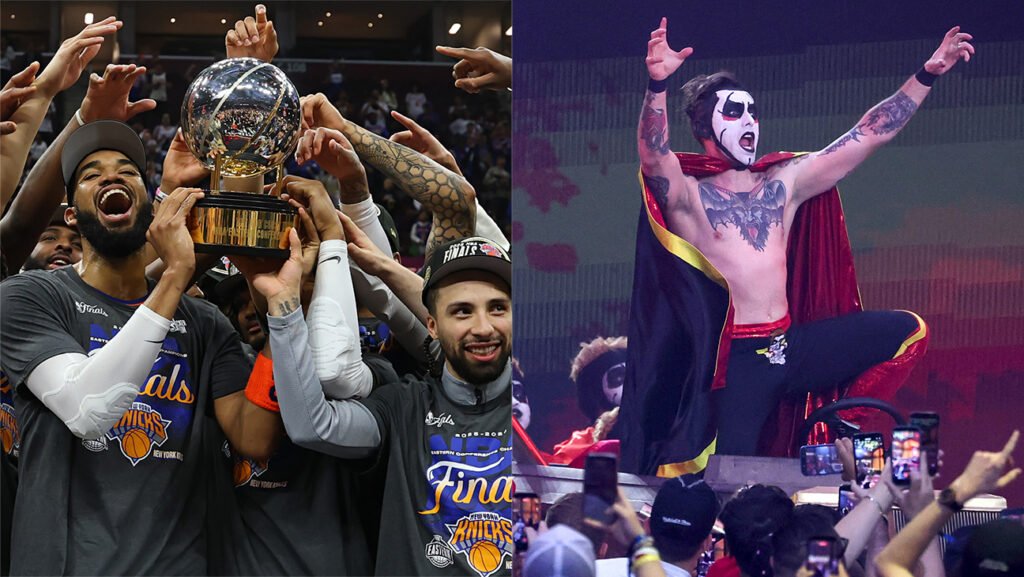 The MVP of the 2025-26 New York Knicks Is WWE Superstar Danhausen Knights with their trophy and Danhausen