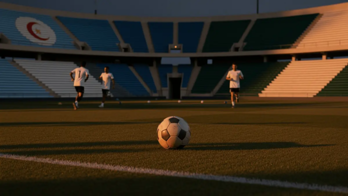 Argentina vs Algeria World Cup 2026 Predictions and Picks Football pitch at dusk with corner flag, stadium sections in Argentina and Algeria colours, ball on centre circle, player silhouettes in motion.