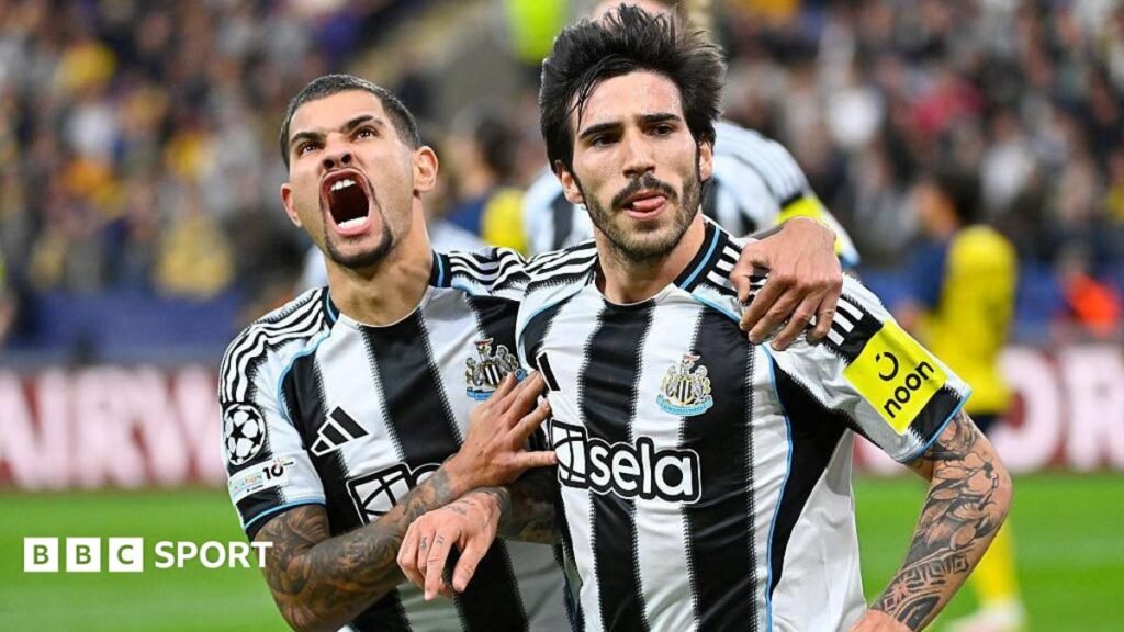 Bruno Guimaraes and Sandro Tonali celebrate after Newcastle United's goal against Union Saint-Gilloise on 1 October 2025