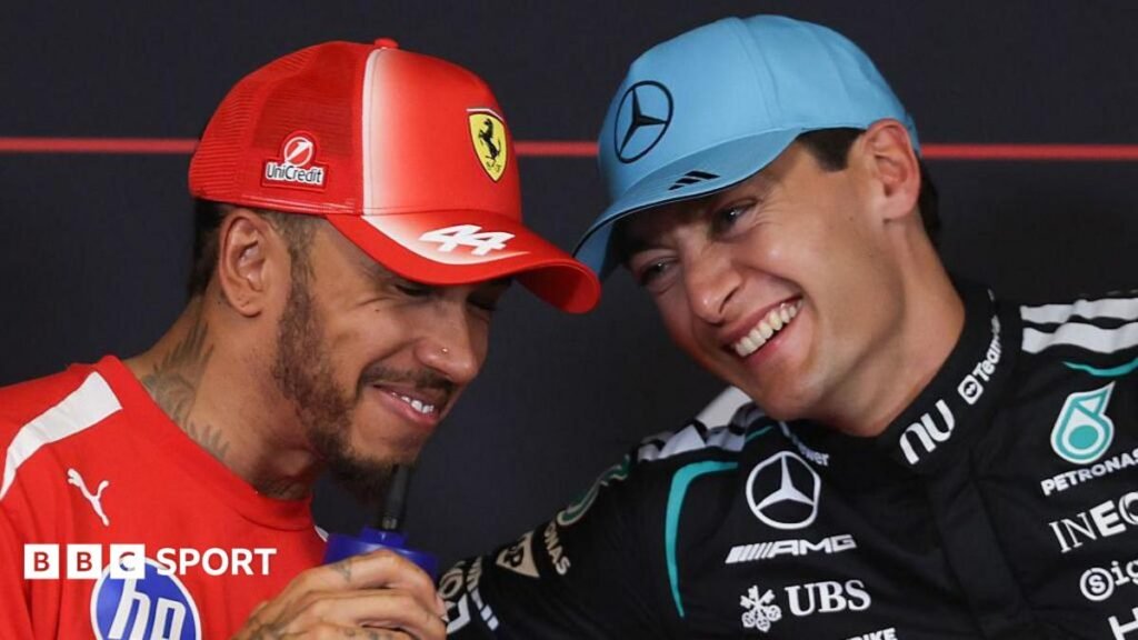 Barcelona-Catalunya Grand Prix: Lewis Hamilton says ‘fight is on’ for win as he and George Russell reset successfully Lewis Hamilton and George Russell share a joke during the official news conference after qualifying for the Barcelona-Catalunya Grand Prix