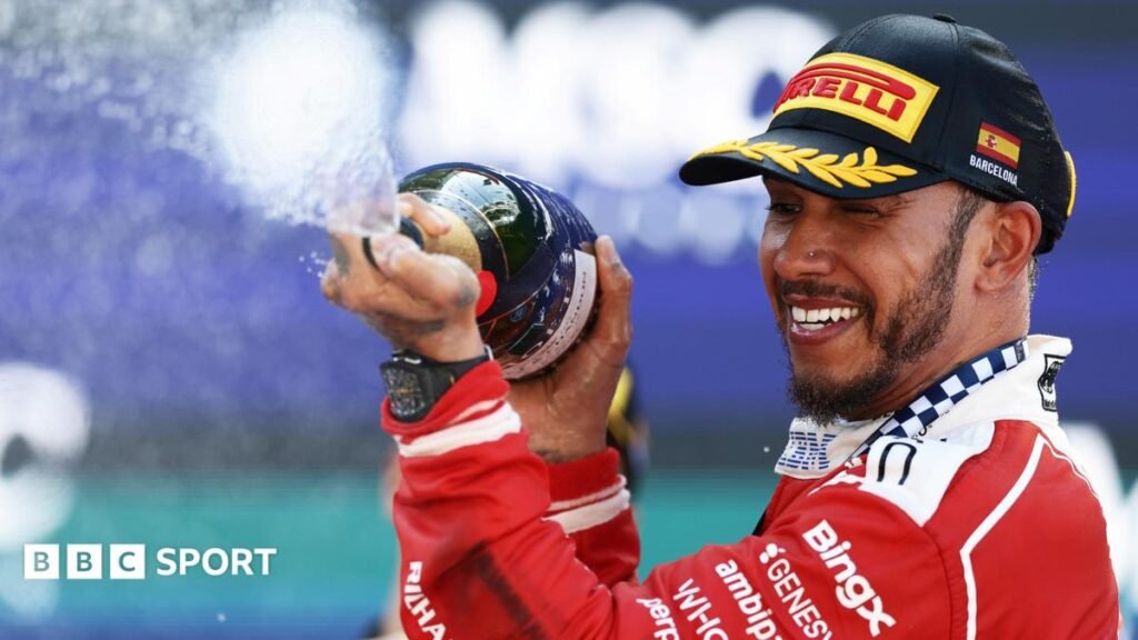 Barcelona-Catalunya Grand Prix: Lewis Hamilton’s first Ferrari win a statement to himself and the rest of F1 Lewis Hamilton crossing the line with Novak Djokovic waving the flag
