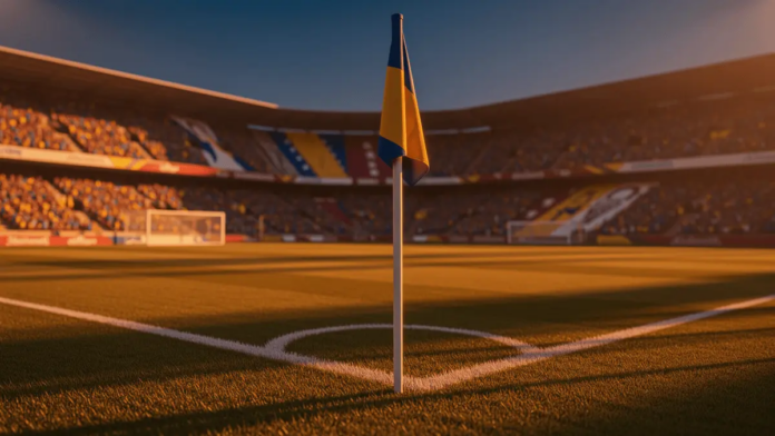 Bosnia & Herzegovina vs Qatar Predictions: World Cup 2026 Floodlit stadium at golden-hour with packed stands, dramatic shadows on pristine pitch, editorial sports photography style.