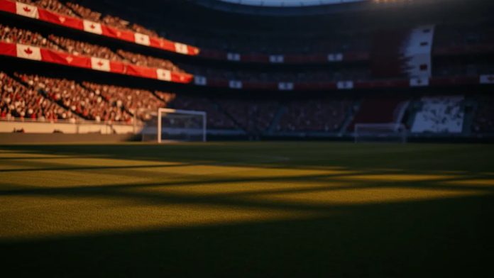 Canada vs Qatar World Cup 2026 Predictions and Best Bets Floodlit World Cup 2026 stadium pitch at dusk, packed stands with red/white and maroon flag colours, dramatic shadows, cinematic lighting.