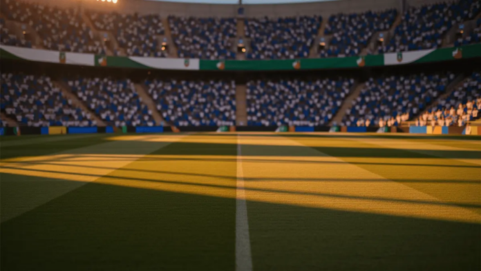 Cape Verde vs Saudi Arabia World Cup 2026 Predictions and Picks Floodlit stadium pitch at dusk with packed stands showing Cape Verde and Saudi Arabia national colours in spectators.