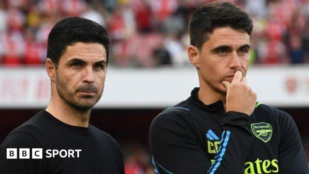 Arsenal Manager Mikel Arteta with his Assistant Coach Carlos Cuesta after the Premier League match between Arsenal FC and Everton FC at Emirates Stadium on May 19, 2024 in London, England