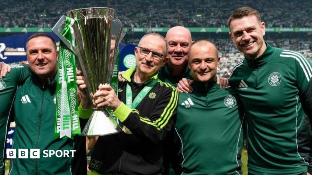 Celtic manager Martin O'Neill and his coaching staff (L-R), Mark Fotheringham, Stevie Woods, Shaun Maloney and Stephen McManus