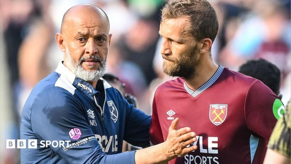 West Ham United boss Nuno Espirito Santo consoles midfielder Tomas Soucek after their relegation from the Premier League