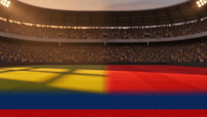 Colombia vs DR Congo World Cup 2026 Predictions and Picks Floodlit stadium with packed crowds and dramatic golden-hour lighting, no players visible, national colour palette aesthetic.