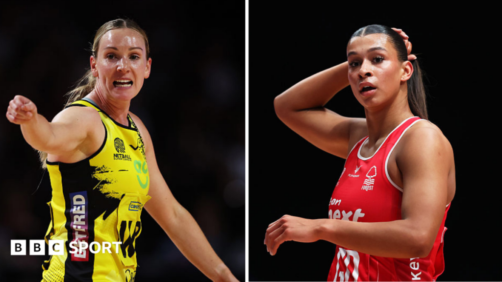 Split image of Natalie Metcalf and Jayda Pechova playing netball