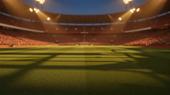 Czech Republic vs Mexico World Cup 2026 Predictions and Picks Floodlit stadium pitch at golden-hour kick-off with dramatic shadows, empty field, and packed blurred stands.