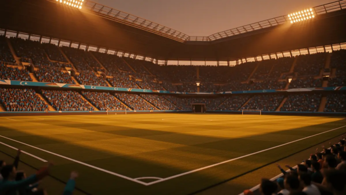 DR Congo vs Uzbekistan World Cup 2026 Predictions and Picks Floodlit international football stadium at dusk with packed stands in blue and turquoise colours under dramatic golden evening light.