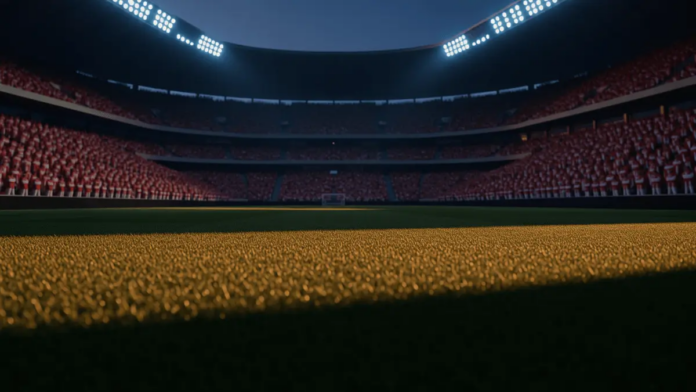 Egypt vs Iran World Cup 2026 Predictions and Picks Empty floodlit stadium pitch at dusk with packed stands and dramatic shadow patterns, golden-hour lighting creating cinematic atmosphere.