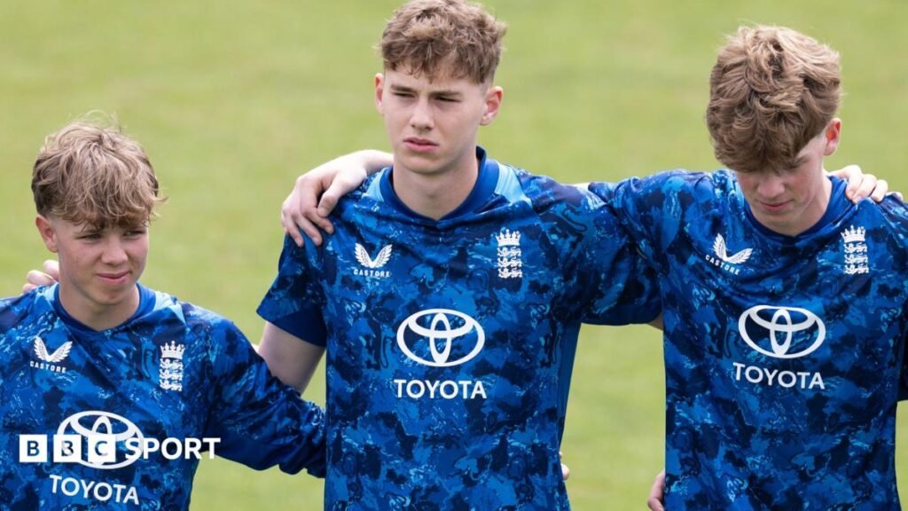 England U19s: Rocky Flintoff & Charlie Harmison called up for South Africa series Rocky Flintoff stands with England U19s team-mates