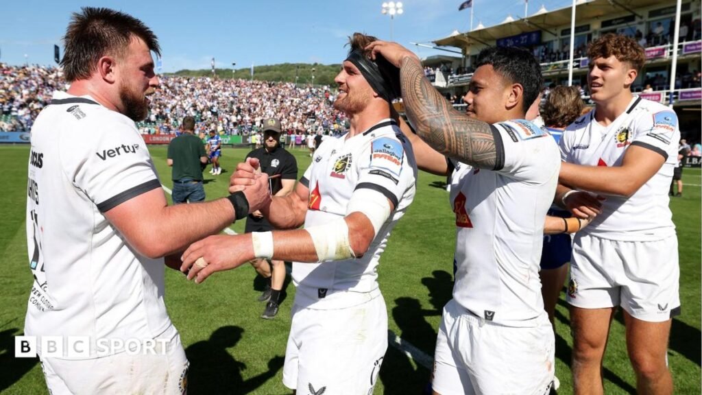 Exeter players celebrate reaching the Prem final