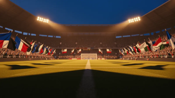 France vs Iraq World Cup 2026 Predictions, Picks and Odds Packed stadium at dusk with floodlights casting shadows across pitch, flag colours of blue-white-red and black-white-green visible in stands.