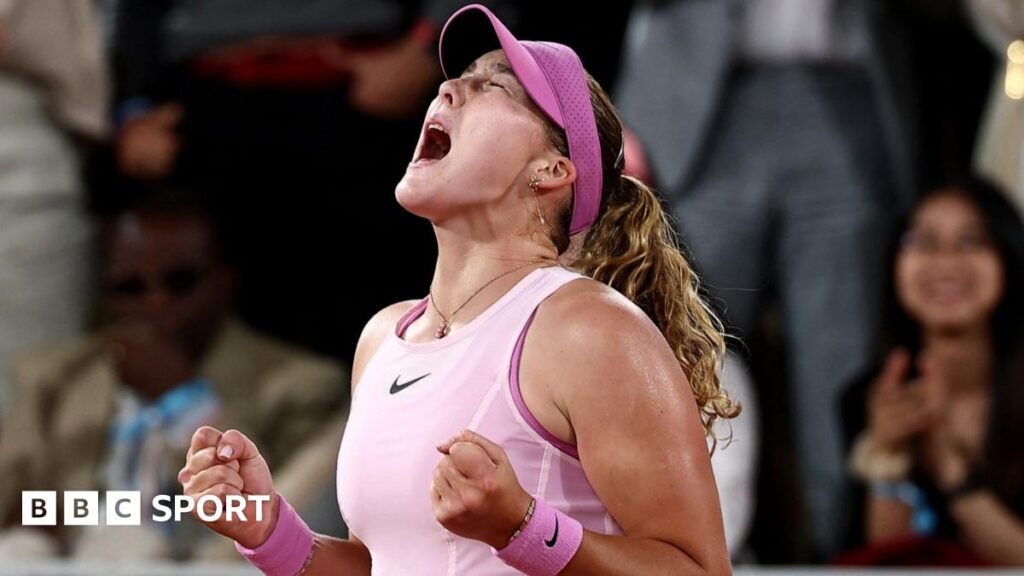 Mirra Andreeva celebrates reaching the French Open final