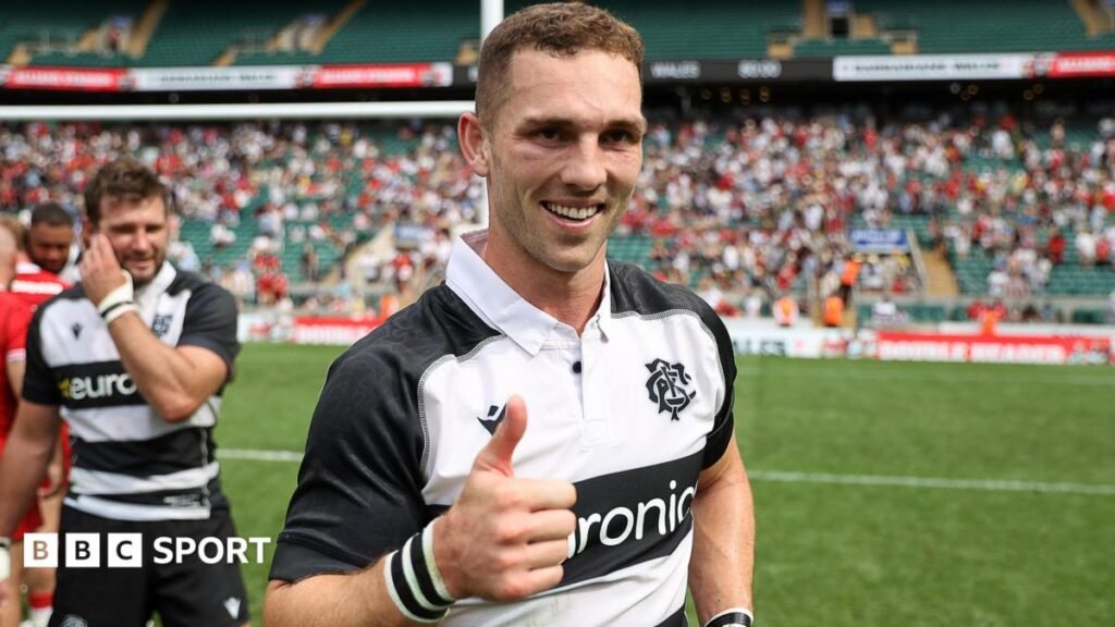 George North with his thumbs up after scoring two tries for Barbarians against Wales