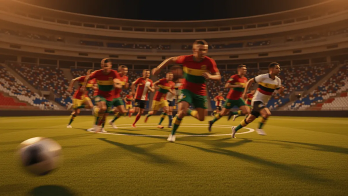 Ghana vs Panama World Cup 2026 Predictions and Best Bets Floodlit football pitch at evening with motion blur, red-gold and white-blue colour accents, sharp shadows from stadium lights.