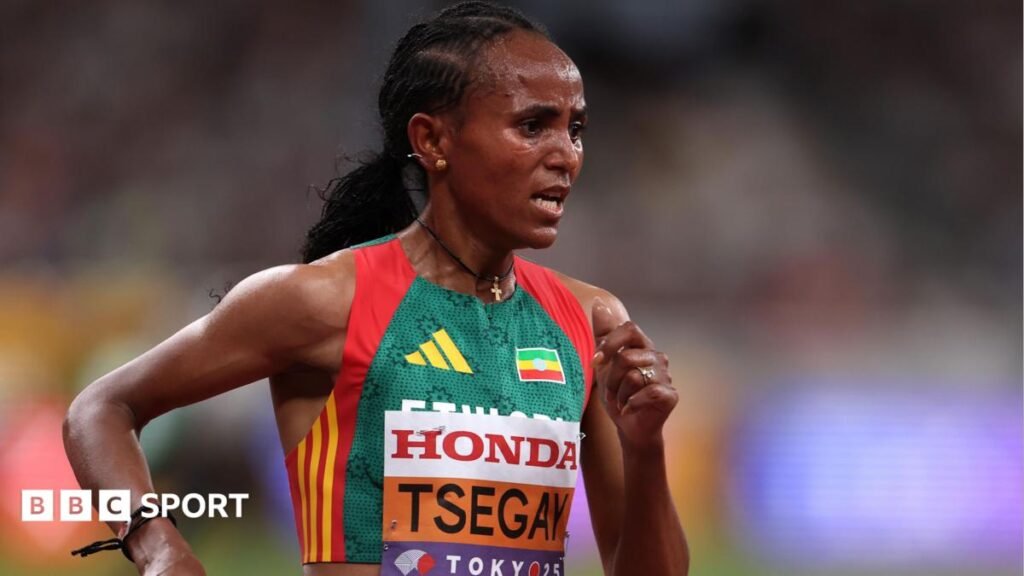 Gudaf Tsegay: Ethiopian runner handed four-month doping ban for TUE Gudaf Tsegay is seen from the waist up wearing an Ethiopia running vest with a bib with her surname and the Tokyo 2025 logo on the front of it. She looks foward in concentration while she runs