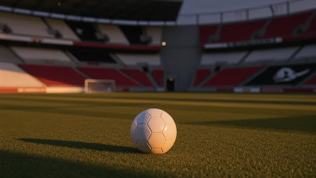 Empty floodlit football pitch at dusk with match ball on centre spot, dramatic shadow patterns, crimson and silver colour accents in stands.
