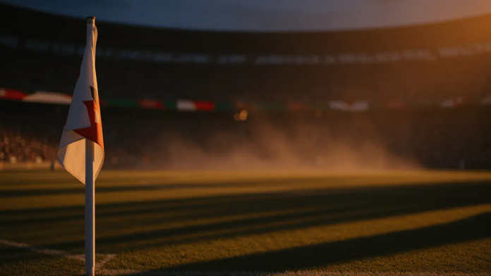 Jordan vs Algeria World Cup 2026 Predictions and Best Bets Floodlit stadium pitch at dusk with long shadows, corner flag in focus, packed stands in background.