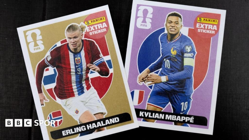 The Panini World Cup 2026 stickers of Erling Haaland and Kylian Mbappe side by side