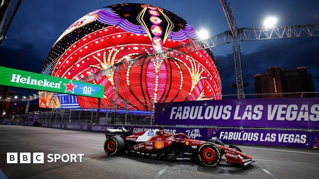 Charles Leclerc drives past the Sphere on the track in Las Vegas
