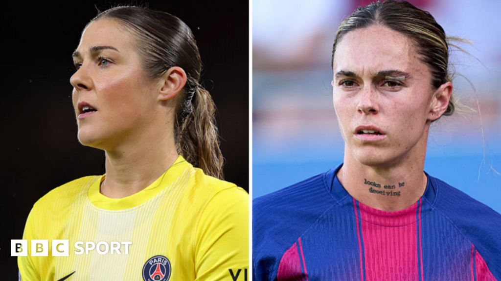 Mapi Leon in Barcelona home kit and Mary Earps in Paris St-Germain yellow goalkeeper shirt