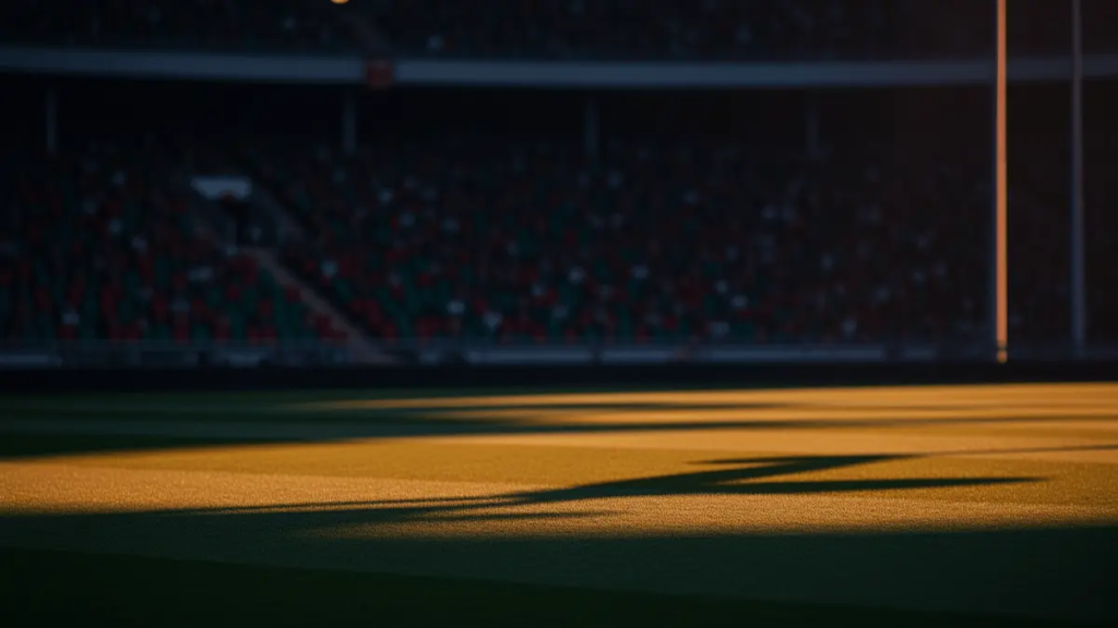 Floodlit stadium pitch at golden hour with packed stands, diagonal shadows, cinematic colour grading, low-angle perspective.