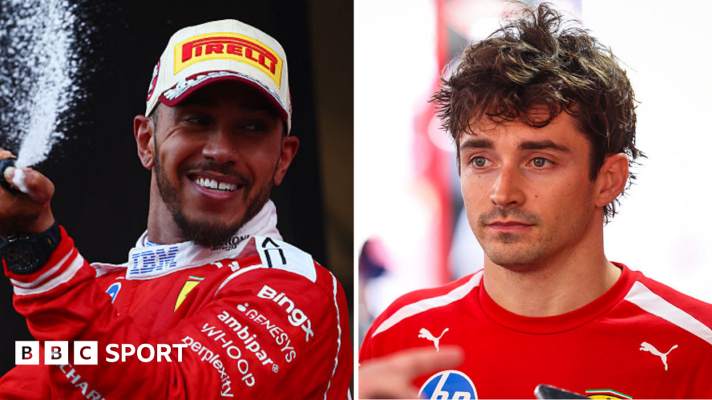 A split image of Lewis Hamilton spraying champagne and Charles Leclerc looking disappointed