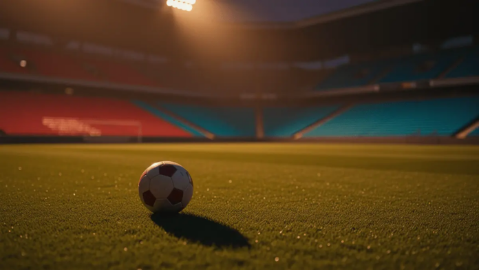 Portugal vs DR Congo World Cup 2026 Predictions and Best Bets Football pitch in evening stadium light with red and turquoise accent lighting, match ball in focus on touchline.