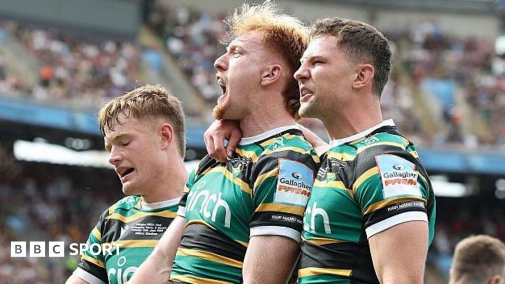 Prem Rugby play-off semi-finals set to move to neutral venue Fraser Dingwall, George Hendy and Fin Smith celebrate Hendy's try during Saturday's final