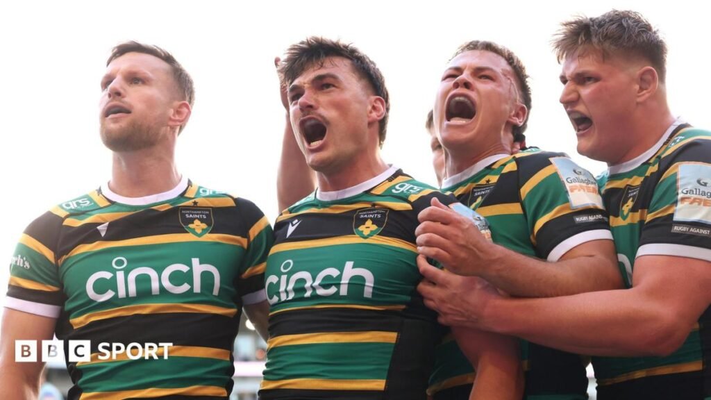 Prem semi-final: Northampton Saints 45-31 Leicester Tigers – Furbank double helps hosts reach final George Furbank (centre) celebrates scoring a try for Northampton against Leicester in the Prem semi-final