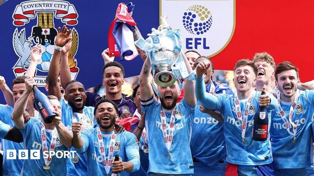 Coventry City celebrate after winning the Championship in 2025