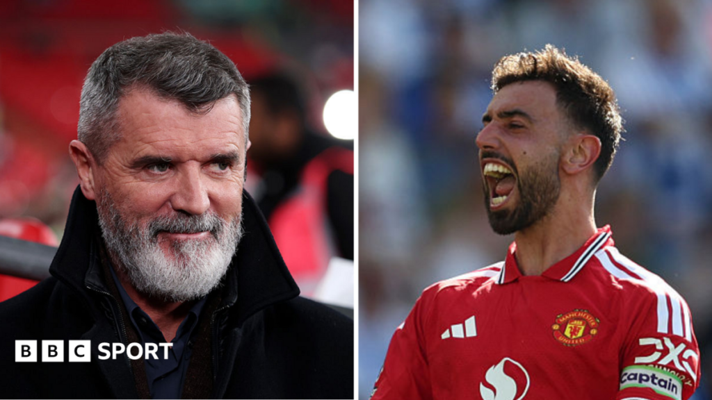 Roy Keane and Bruno Fernandes clear air after Premier League assist dispute Split image of Roy Keane (left), bearded and wearing a black coat, and Bruno Fernandes (right), wearing a red Man United shirt and with his mouth open in celebration
