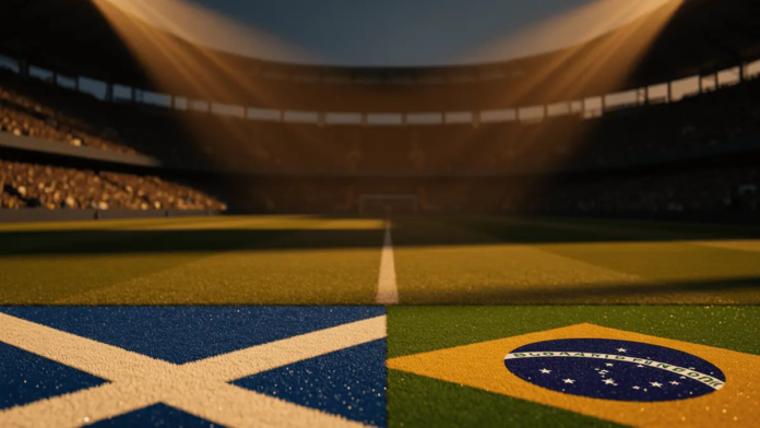 Scotland vs Brazil World Cup 2026 Predictions and Picks Floodlit stadium pitch at golden-hour kick-off, sharp shadows and volumetric light rays, empty field ready for match.