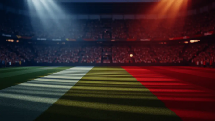 Scotland vs Morocco World Cup 2026 Predictions and Best Bets Empty floodlit football pitch with dramatic shadow patterns, packed stadium stands in silhouette, golden-hour lighting.