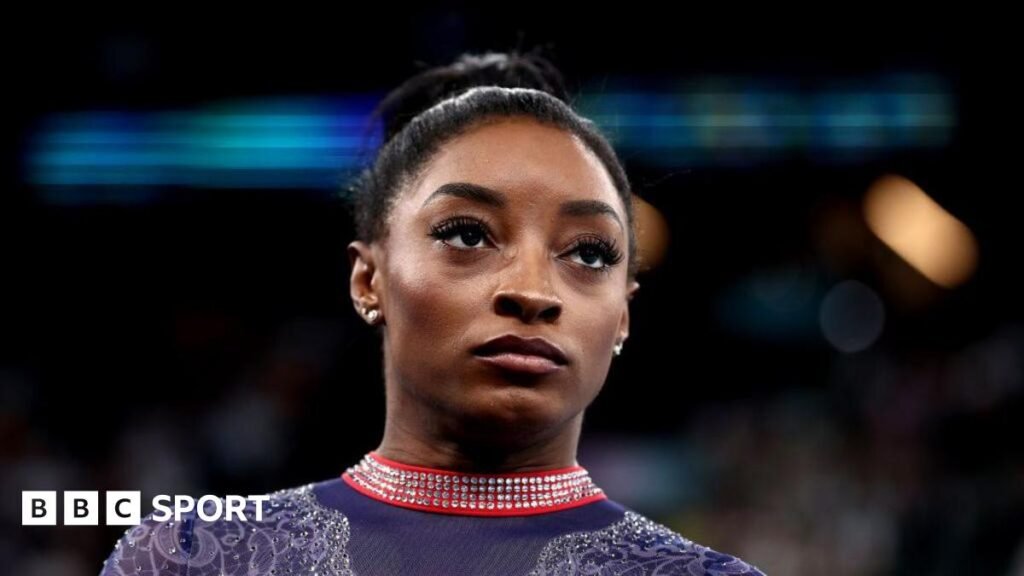 Simone Biles reveals health scare after ‘almost dying’ A close up of Simone Biles' face prior to competing in the artistic gymnastics Women's floor exercise final at the 2024 Olympics