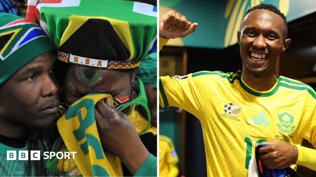 A composite picture made up of two images. On the left, a South Africa fan holds a yellow and green scarf up to her eyes as she is comforted by a man wearing a green shirt and a green beanie hat bearing the national flag. On the right, Thapelo Maseko smiles into the camera and raises his right hand in celebration as he is seen from stomach up wearing a yellow South Africa shirt in a dressing room.