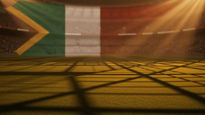 South Africa vs South Korea World Cup 2026 Predictions and Picks Floodlit stadium pitch at golden-hour with flag-colored lighting, dramatic shadows, empty green field, packed stands silhouette.